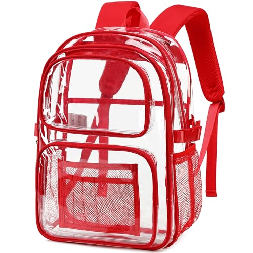 abshoo Large Heavy Duty Clear Backpack For School Bookbag Transparent Multi Pocket Backpacks (Red) - color: Red