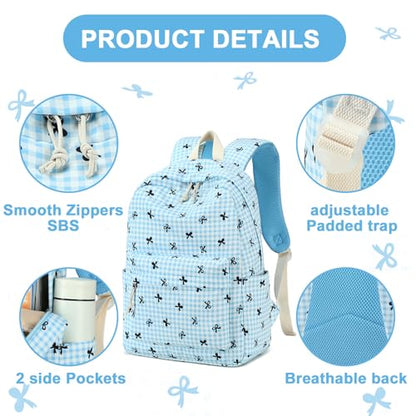 LEDAOU Kids Backpack for Girls Backpacks with Lunch Box, Lightweight Bookbag Set Elementary Middle School Back pack for 8-14 - color: Blue Bow