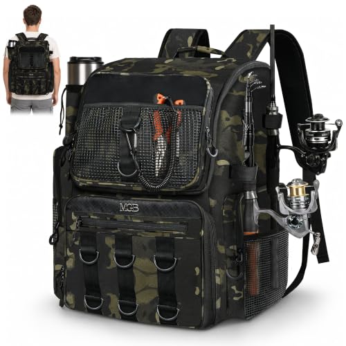 MGB Fishing Tackle Backpack with Rod Holders & YKK Zipper, 46L Fishing Bag with Bottle Holder, Storage Bag Store Fishing Gear - color: Green+black Camo（without Tackle Box）