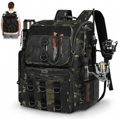 MGB Fishing Tackle Backpack with Rod Holders & YKK Zipper, 46L Fishing Bag with Bottle Holder, Storage Bag Store Fishing Gear - color: Green+black Camo（without Tackle Box）