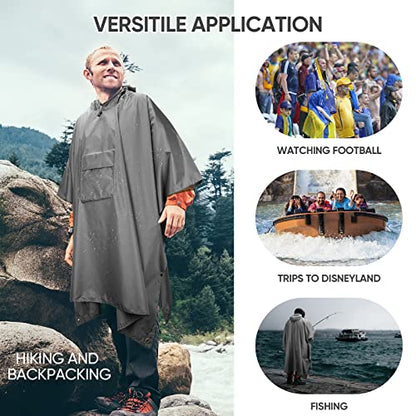 PTEROMY 3-in-1 Hooded Rain Poncho for Adult with Pocket, Waterproof Lightweight Unisex Raincoat for Hiking Camping Emergency - color: Grey