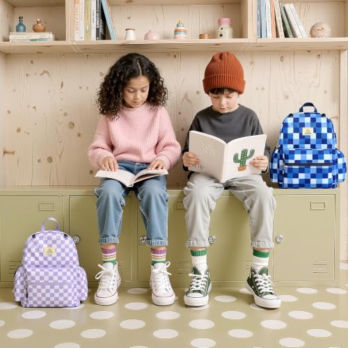 STEAMEDBUN Kids Backpack for Boys Girls 5-8, 15inch Girls Boys Backpacks Kindergarten - color: Light Purple Checkerboard, size: SMALL-15"H(fit folder)