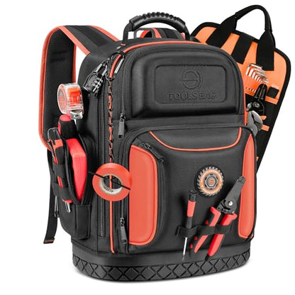 Tool Backpack Bag, Durable Electrician Backpack Tool Bag for HVAC with Waterproof Molded Base, Construction Work Heavy Duty Tools Organizer Bags with Combination Lock Large - Red - color: Red