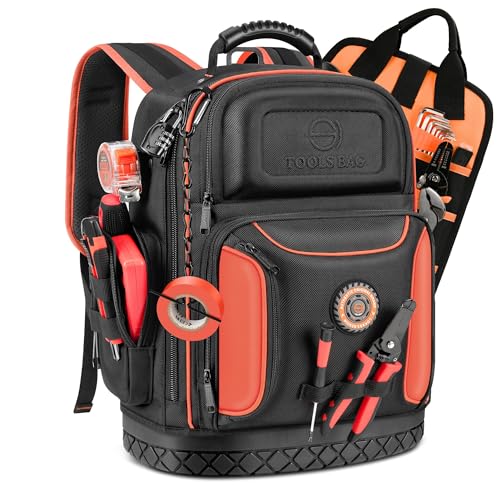 Tool Backpack Bag, Durable Electrician Backpack Tool Bag for HVAC with Waterproof Molded Base, Construction Work Heavy Duty Tools Organizer Bags with Combination Lock Large - Red - color: Red