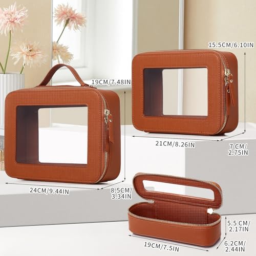 Travel Makeup Set Waterproof Transparent Cosmetic Bag and Toiletry Bag Makeup Brush case with Zipper Car Essentials for Women (Brown, L+M+SLIM) - color: Brown, size: L+M+Slim