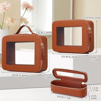 Travel Makeup Set Waterproof Transparent Cosmetic Bag and Toiletry Bag Makeup Brush case with Zipper Car Essentials for Women (Brown, L+M+SLIM) - color: Brown, size: L+M+Slim