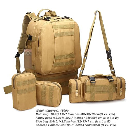60L Tactical Backpack Military 3-Day Assault Pack, Waterproof Molle System Rucksack with Detachable Bag, Survival Bug Out Backpack for Men & Women(Brown) - color: Brown