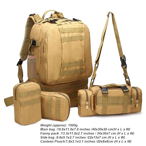60L Tactical Backpack Military 3-Day Assault Pack, Waterproof Molle System Rucksack with Detachable Bag, Survival Bug Out Backpack for Men & Women(Brown) - color: Brown