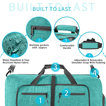 Vomgomfom 65L/85L/115L Foldable Travel Duffle Bag, Lightweight Checked Luggage with Shoe Compartment, Water-Resistant Weekender Overnight Bag for Men & Women - color: G Mint Green, size: 115L