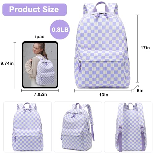 Bluboon School Backpack Set Girls Womens Laptop Bookbag Casual Daypack Fits 15 inch Laptop with Lunch Tote Bag and Pencil Bag - color: Purple and White Checkered