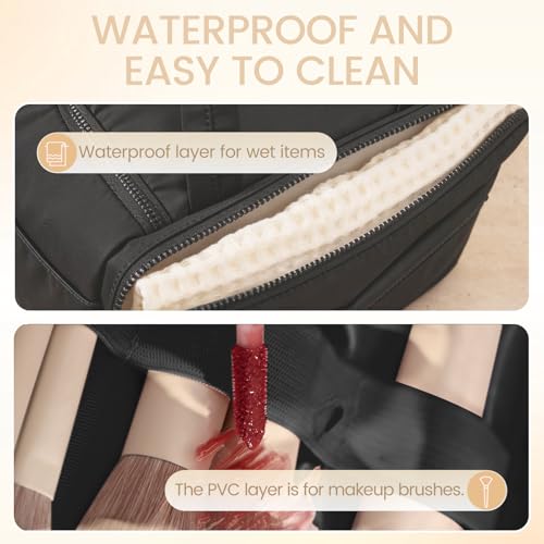 Toiletry Bag for Women Puffy Large,Travel Makeup Bag,Large Toiletry Bag with Adjustable Dividers,Waterproof Cosmetic Travel Bag with Trolley Sleeve,Toiletries Organizer,Black - color: Black