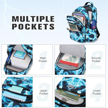 Bevalsa Backpack for Boys, Lightning School Bags with Lunch Bag & Pen Case for Kids, Bookbag for Boys Teens Elementary Middle High School - color: Green