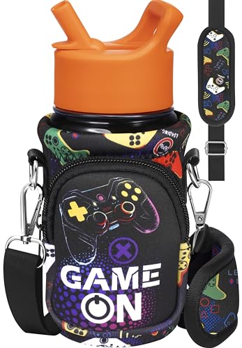 Miss Adola Water Bottle Carrier with Strap - Insulated Kids Water Bottle Holder for Boys Girls Bottle Bag for 10-18Oz - color: Black Game On