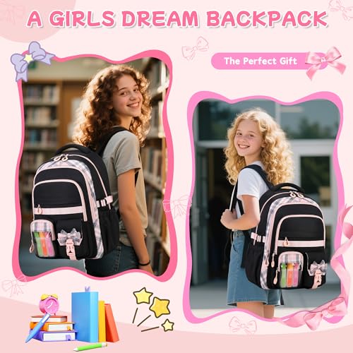 Girls Backpack, 17-Inch Bookbag for Middle & Elementary School, Kawaii Kids Backpack for Girls Ages 6-12(Black Pink) - color: Black Pink