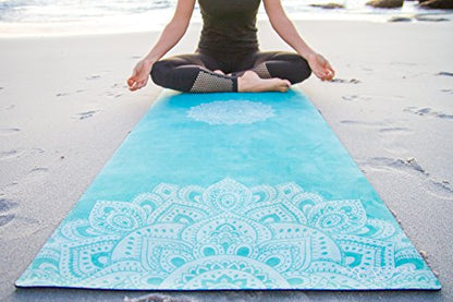YOGA DESIGN LAB | Travel Yoga Mat | 2-in-1 Mat+Towel | Lightweight, Foldable, Eco Luxury | Ideal for Hot Yoga, Bikram, Pilates, Barre, Sweat | 1.5mm Thick | Includes Carrying Strap! - color: Mandala Turquoise
