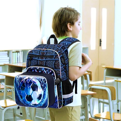 HPJGD 3PCS Backpack for Kids, 17" Boys Soccer Preschool Bookbag Set with Clip-On Lunch Box, Water-Resistant School Bag for Elementary - Thrash Net Soccer - color: Uv Printing Net Soccer Clip-on Backpack