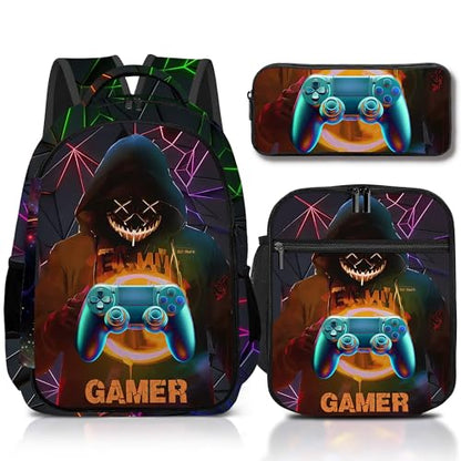 Boys Backpack with Lunch Box and Pencil Case, 3Pcs Gamer Backpack for Boys Teens, 17 Inch Large Capacity - color: GAME-HMWJ-3