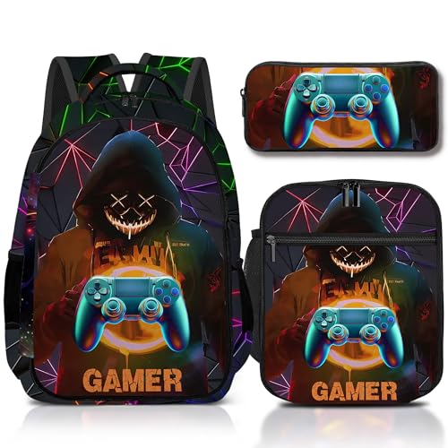Boys Backpack with Lunch Box and Pencil Case, 3Pcs Gamer Backpack for Boys Teens, 17 Inch Large Capacity - color: GAME-HMWJ-3