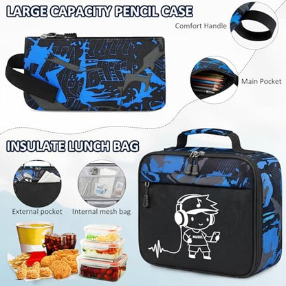 School Backpack for Boys - 3pcs Gamer Boys Backpack with Lunch Box Set for Kids Teens Elementary Middle High School,18″ Large Capacity Students Bookbag with Usb Charging Port - color: People-set