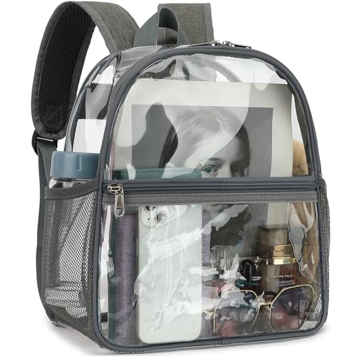 Fammart Clear Backpack Stadium Approved 12x6x12 - Kids & Small Adult Transparent Backpack for School, Work, Sports, Concerts - Clear Bag - color: Grey