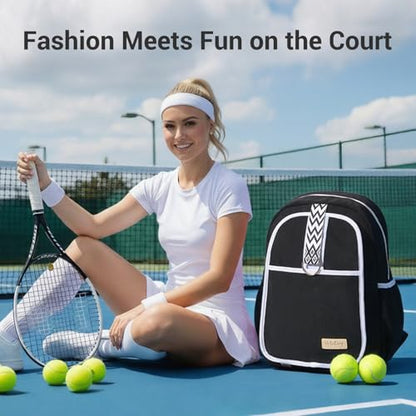 Tennis Bag for Women Girl, Stylish Quilted Tennis Pickleball Racket Backpack Wet Pocket, Women Weekend Bag for Travel - color: Black