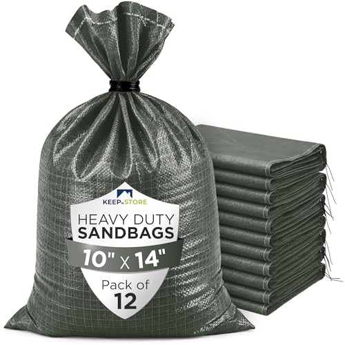 Heavy Duty Sand Bags Pack of 12, Army Green Empty Sandbags with Built-In Ties, Woven Polypropylene UV Protection 1600 Hours, Fillable Bags for Flood Control, Weight, 10x14 inches, 15 Pounds Volume - size: 10"W x 14"L, style: Pack of 12