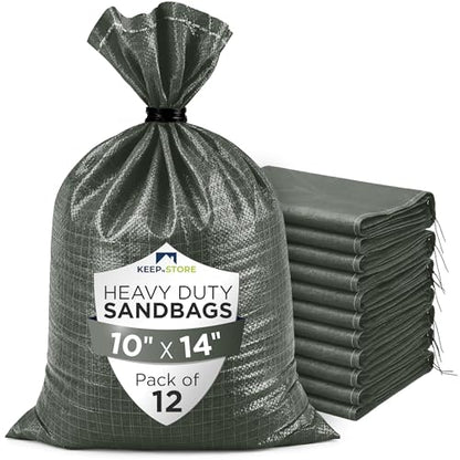 Heavy Duty Sand Bags Pack of 12, Army Green Empty Sandbags with Built-In Ties, Woven Polypropylene UV Protection 1600 Hours, Fillable Bags for Flood Control, Weight, 10x14 inches, 15 Pounds Volume - size: 10"W x 14"L, style: Pack of 12