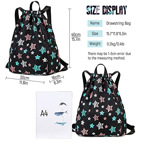Drawstring Backpack Gym String Bag Drawstring Sackpack Sport Cinch Bag For Womens Girls Mens Stars Black - color: Star Black
