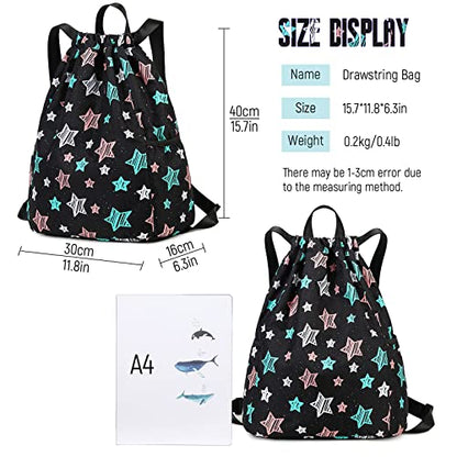 Drawstring Backpack Gym String Bag Drawstring Sackpack Sport Cinch Bag For Womens Girls Mens Stars Black - color: Star Black