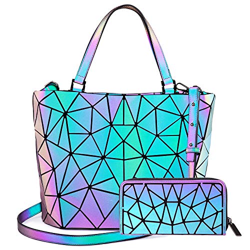 LOVEVOOK Geometric Luminous Purses and Handbags for Women Holographic Reflective Crossbody Bag Wallet - color: Handbag + Upgraded Zipper Wallet