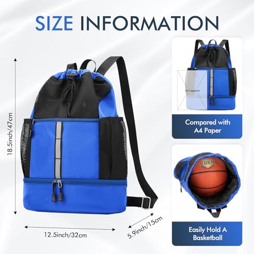 PinCute Drawstring Gym Bag for Men/Women - Mesh Beach Swim Bags Sports Backpack with Wet Pocket&Shoe Compartment, Lightweight - color: Blue