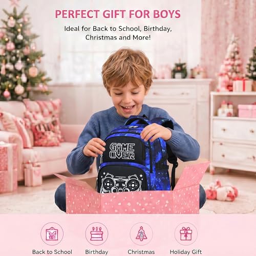 3PCS Kids Backpack Set, School Backpack with Lunch Bag & Pencil Case, Lightweight Waterproof Bookbag for Kids (Gamer Starry Blue) - color: Gamer Starry Blue