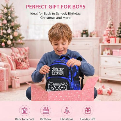 3PCS Kids Backpack Set, School Backpack with Lunch Bag & Pencil Case, Lightweight Waterproof Bookbag for Kids (Gamer Starry Blue) - color: Gamer Starry Blue