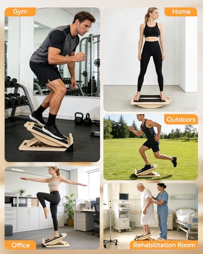 MoKo 2-in-1 Wooden Slant Board & Balance Board, 4 Adjustable Inclines Calf Stretcher for Knees, Ankles, Heels, Feet and Legs, Non-slip Stretch Boards Support up to 220lbs - color: Wood