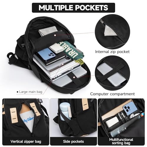Casual Backpack for Men Women with 15.6 Inch Laptop Compartment, Waterproof Daypack Backpack for College Travel Work Daily Use, Black, 20L
