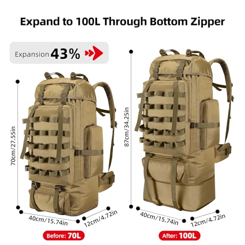 70L/100L Camping Hiking Backpack with Rain Cover, Expandable Large Military Tactical Backpack, Waterproof Molle Racksack Travel Backpacking Daypack for Climbing Trekking (Khaki) - color: Khaki