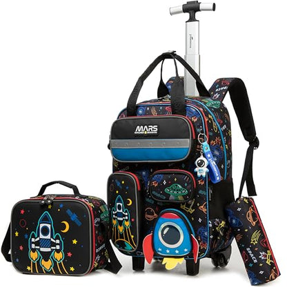 Kids Rolling Backpack with Wheels for Elementary Students 16inch 3 in 1 Boys Travel Luggage Carry on Backpack for Boys Ages 6-8 8-12 - color: B Black