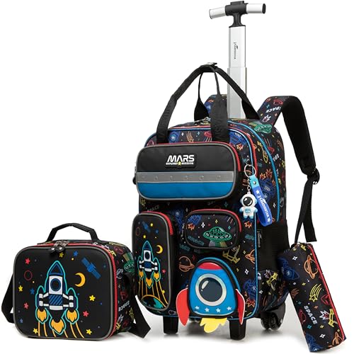 Kids Rolling Backpack with Wheels for Elementary Students 16inch 3 in 1 Boys Travel Luggage Carry on Backpack for Boys Ages 6-8 8-12 - color: B Black