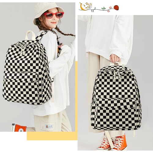 Bluboon School Backpack Set Girls Womens Laptop Bookbag Casual Daypack Fits 15 inch Laptop with Lunch Tote Bag and Pencil Bag - color: Corduroy Black Checkered 1
