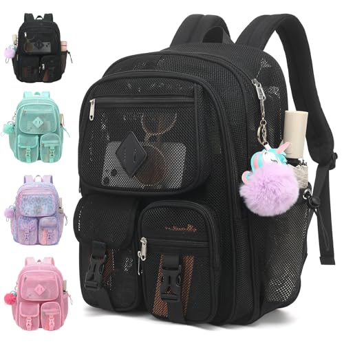 Mesh Backpack for Girls Boys, Heavy Duty Semi-Transparent Bookbag Womens Mens Backpacks for School, Beach, Swimming—Black - color: Black