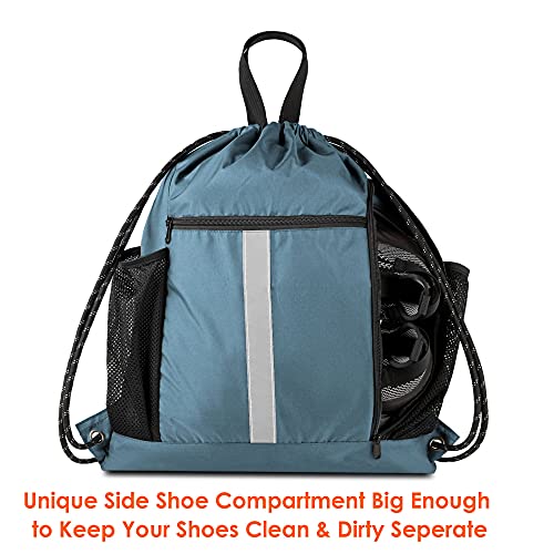 BeeGreen Blue Sport Cinch Bag String Backpack with Shoe Compartment and Two Side Mesh Pockets Machine Washable Sturdy Gymsack Drawstring Sackpack - color: Blue Haze, style: Drawstring With Shoe Compartment