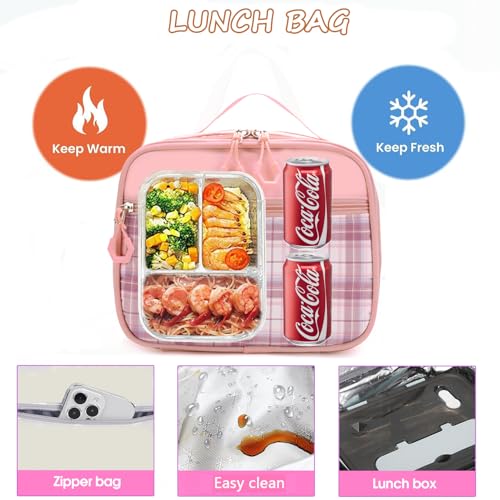 Girls Backpack with Lunch Box Cute School Backpack for Girls Kids Teens Kawaii Bookbag Set for Primary Elementary，Pink - color: Pink