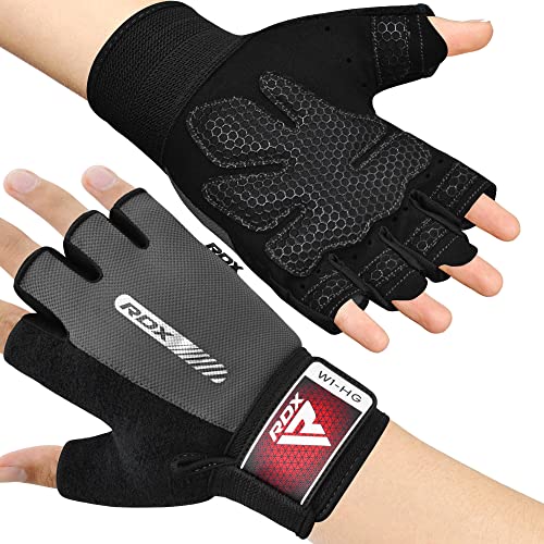RDX Weight Lifting Gloves Gym Fitness Workout, Anti Slip Padded Full Palm Protection, Ultra Ventilated, Bodybuilding Strength Training HIIT WOD Exercise, Half Finger Men Women Cycling Rowing Climbing - color: Gray, size: Large