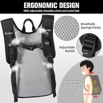 12L Kids Hiking Backpack, Small Hydration Backpack, Waterproof Kids Camping Daypack 5-10, No Water Bladder… - color: Black