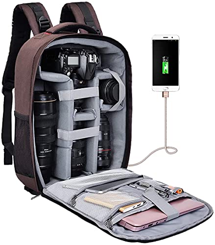 Cwatcun Camera Backpack with Rain Cover, Tripod Holder, USB Port, 15.6" Laptop Compartment, Waterproof Professional Photography Camera Case Bag for Canon Sony Nikon SLR DSLR Cameras, Lens, Brown