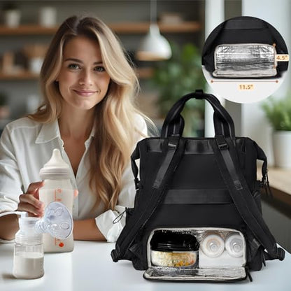 Omanmoli Diaper Bag Backpack Quilted Baby Diaper Bag Lunch Backpack Pañaleras Para Bebe for Working Moms with 11 Pouches,Large Insulated Cooler Compartment,Stroller Straps,Changing Pad,Black - color: Black