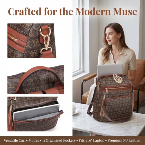 Women's Convertible Backpack Purse, Large Leather Travel Backpack 2PC Set - color: Coffee