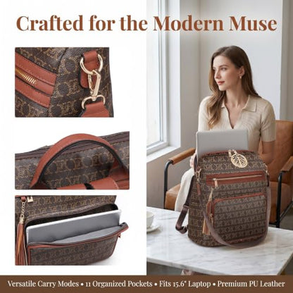 Women's Convertible Backpack Purse, Large Leather Travel Backpack 2PC Set - color: Coffee