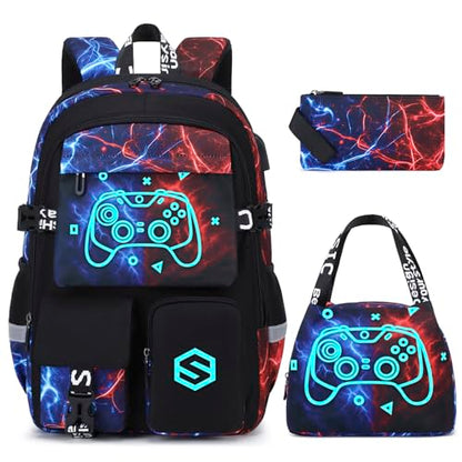 Scothen Boys Backpack, Cool Luminous School Backpacks for Boys with Lunch Bag Pencil Case, Kids Backpack Kindergarten Elementary Middle School Book Bags for Teen Boy Children with USB Charging Port - color: Cool Red-blue