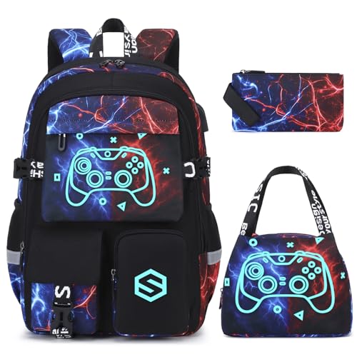 Scothen Boys Backpack, Cool Luminous School Backpacks for Boys with Lunch Bag Pencil Case, Kids Backpack Kindergarten Elementary Middle School Book Bags for Teen Boy Children with USB Charging Port - color: Cool Red-blue